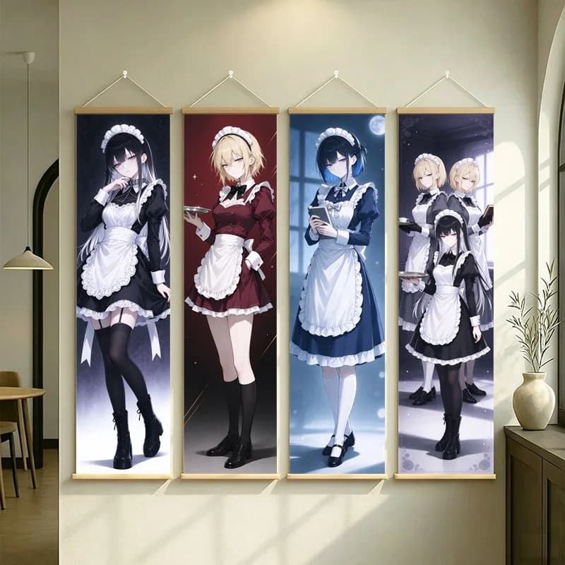 Anime Maid Girls Wall Scroll with Colorful Dresses and Dark Backgrounds in Detailed Full Length Illustration for a Bedroom