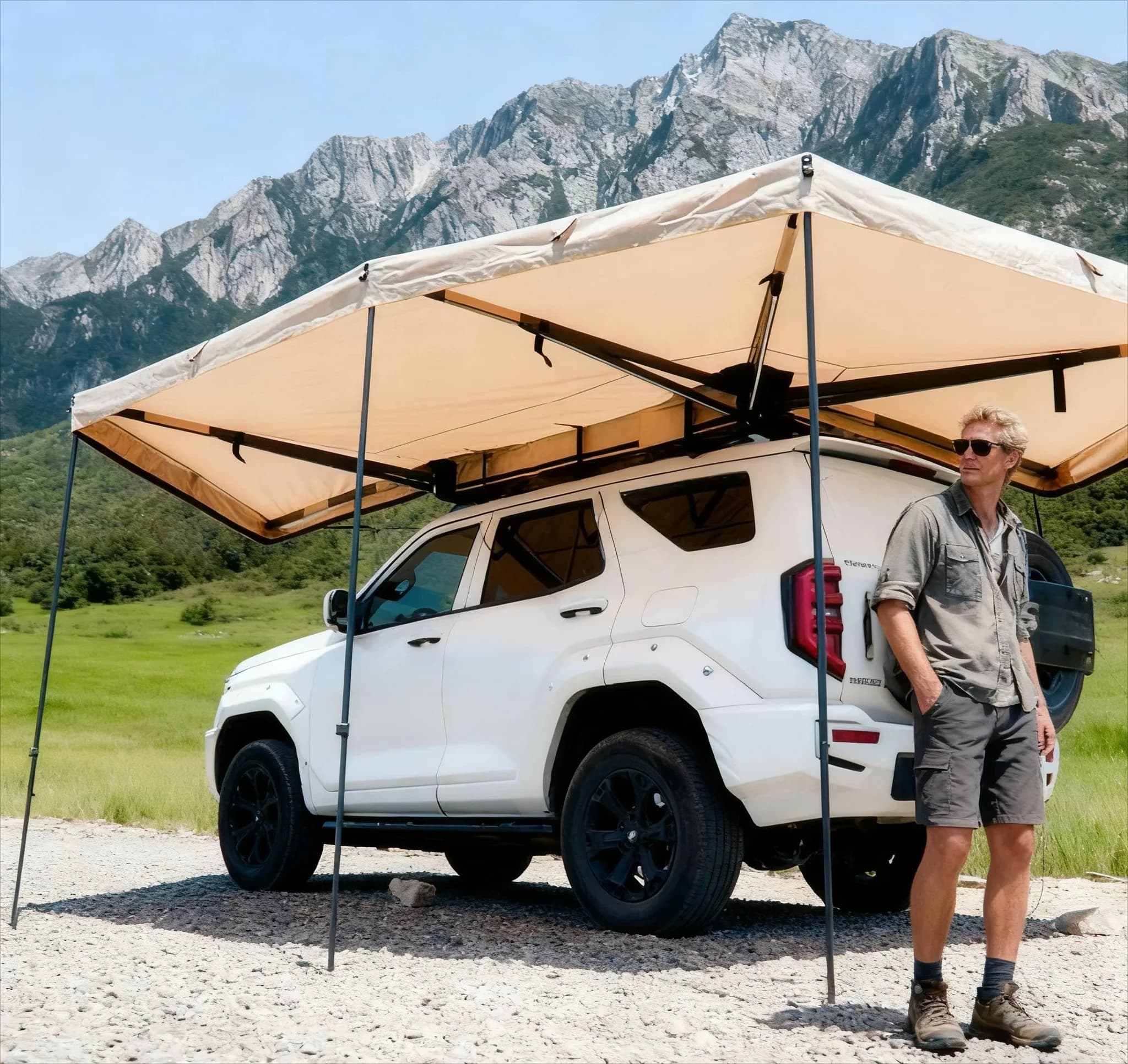360 Degree Car Awning 2.5M,LED Light Double Layer Four-season Quick Opening 360 Car Roof Top Awning Tent with 600D Oxford Fabric