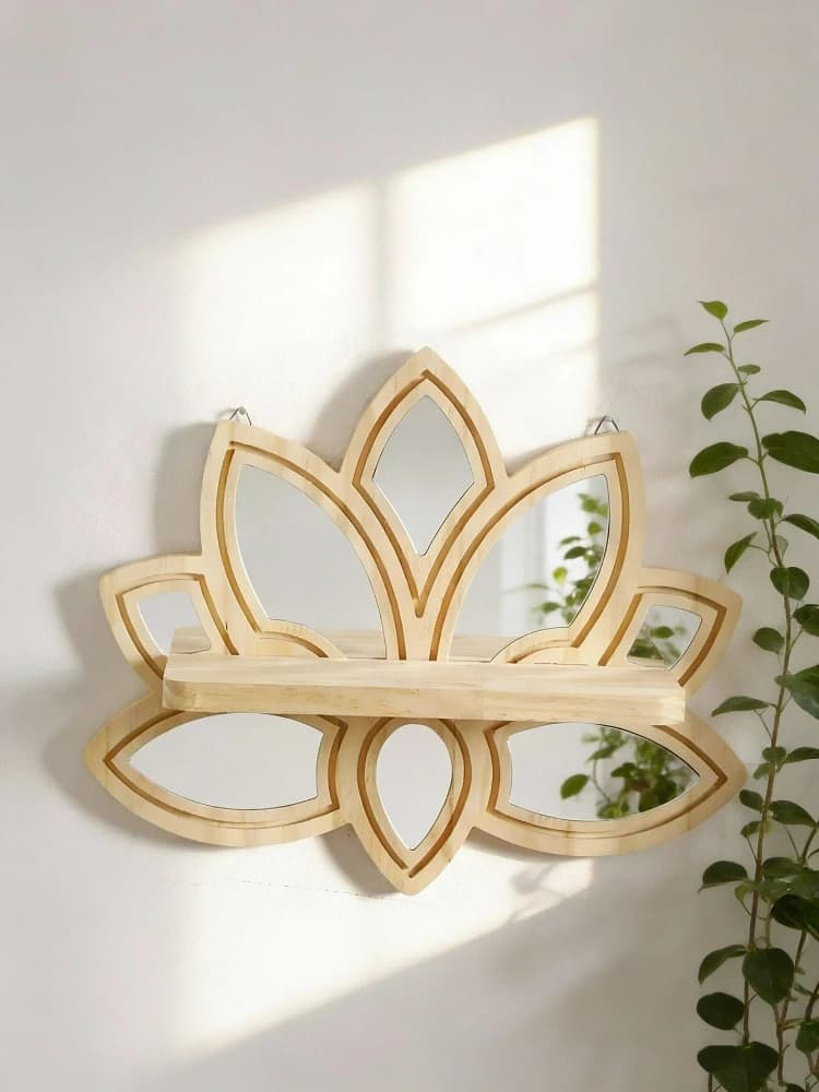 Lotus Shaped Wooden Wall Shelf with Mirror Floral Floating Shelves Boho Rustic Wall Mounted Storage Craft Home Decor Gift