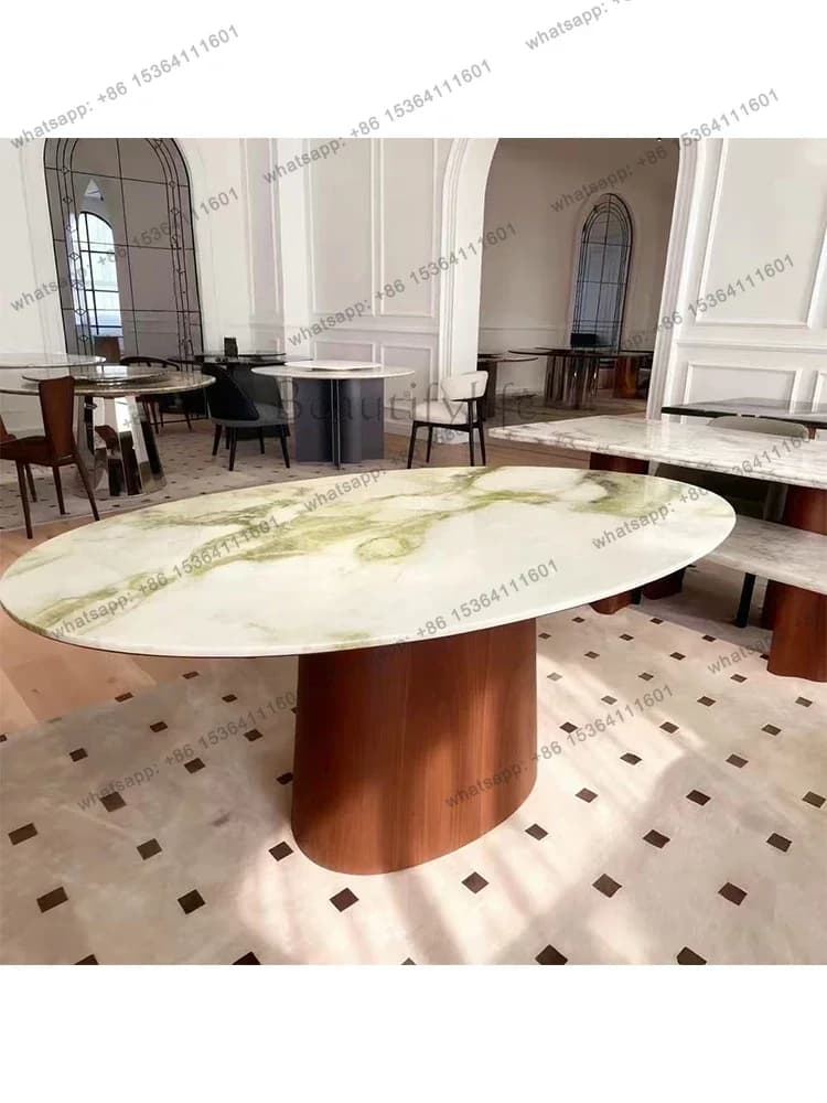FG43Natural luxury stone dining table French medieval solid wood oval marble Italian household dining table