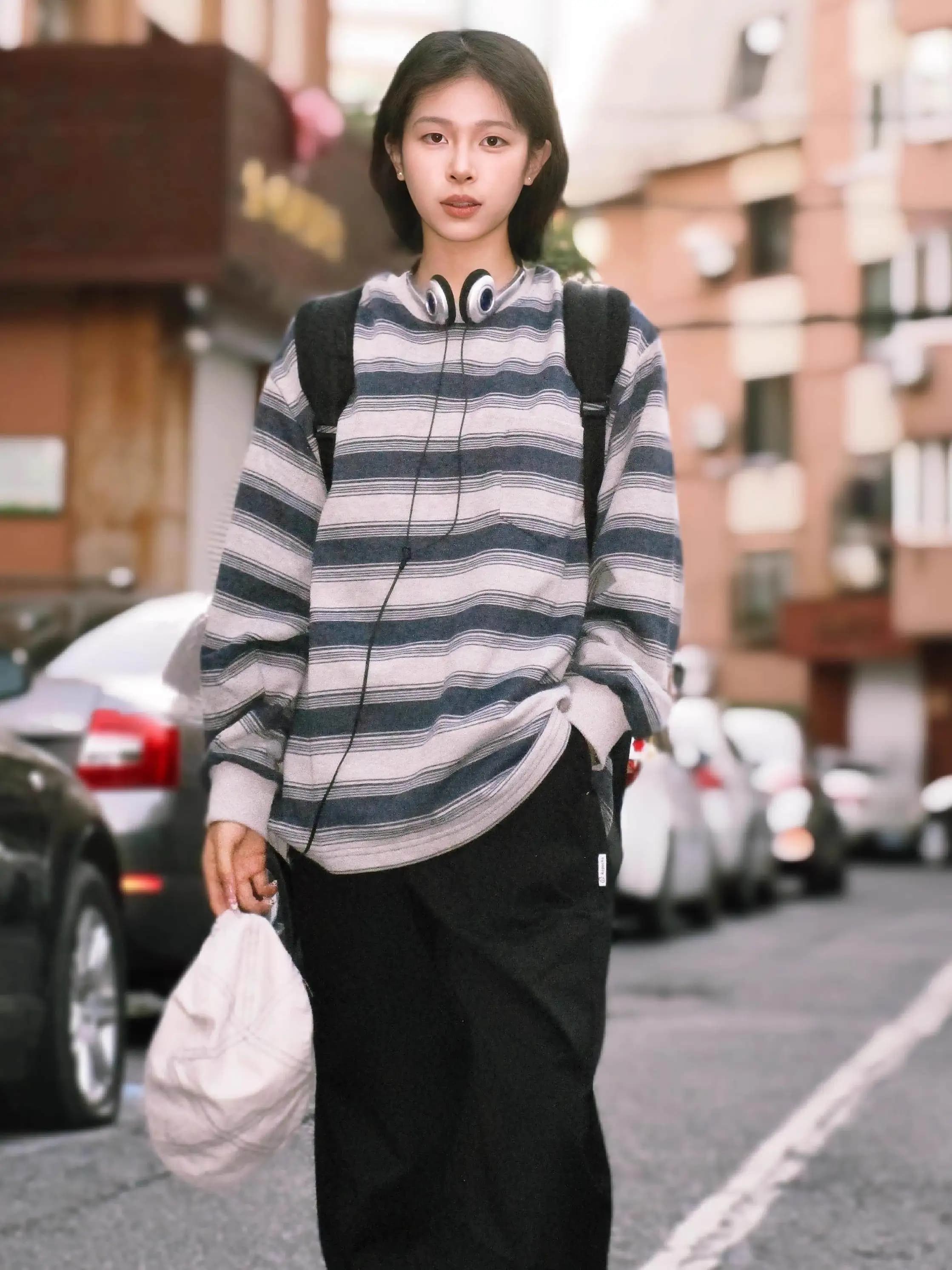 Japanese Retro Striped Sweatshirt Loose Casual T-Shirts Men's and Women's Couple's Trendy Top