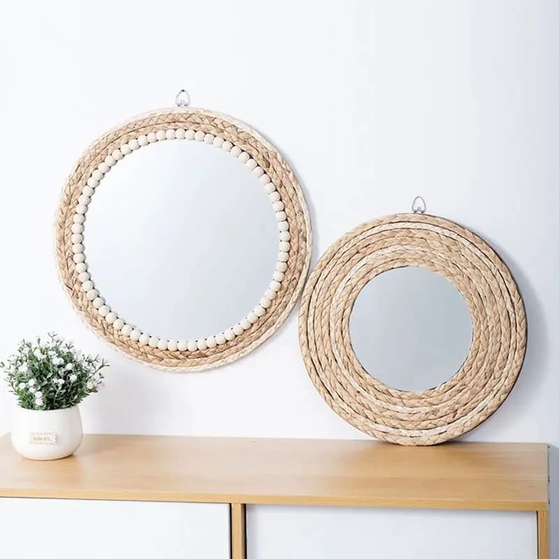 Rattan Handicrafts Decorative Round Mirror Makeup Mirror Bed and Breakfast Living Room Entrance Wall Wall Decorative Mirrors