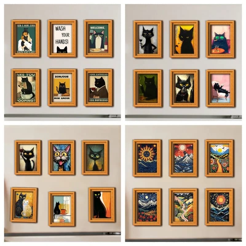 6Pcs/set Wooden Refrigerator Magnet Artwork Fridge Magnet Sticker Frame Hanging Picture Stickers Party Gift for Guest Home Decor