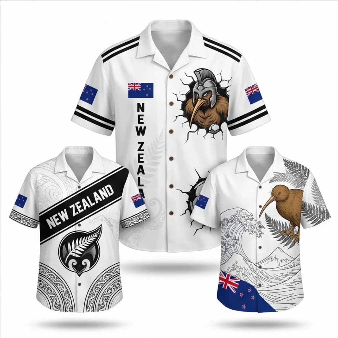 New Zealand Hawaiian Shirts Trio, Soccer Fan Outfit, Kiwi Bird Fern Flag Wave Mountain Vacation Gift for Match Party Wear Fans