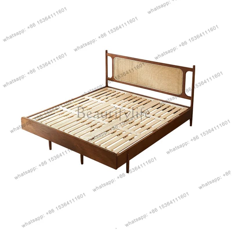 Wabi Sansan Solid Wood Bed New Chinese Black Walnut Rattan Bed French Retro