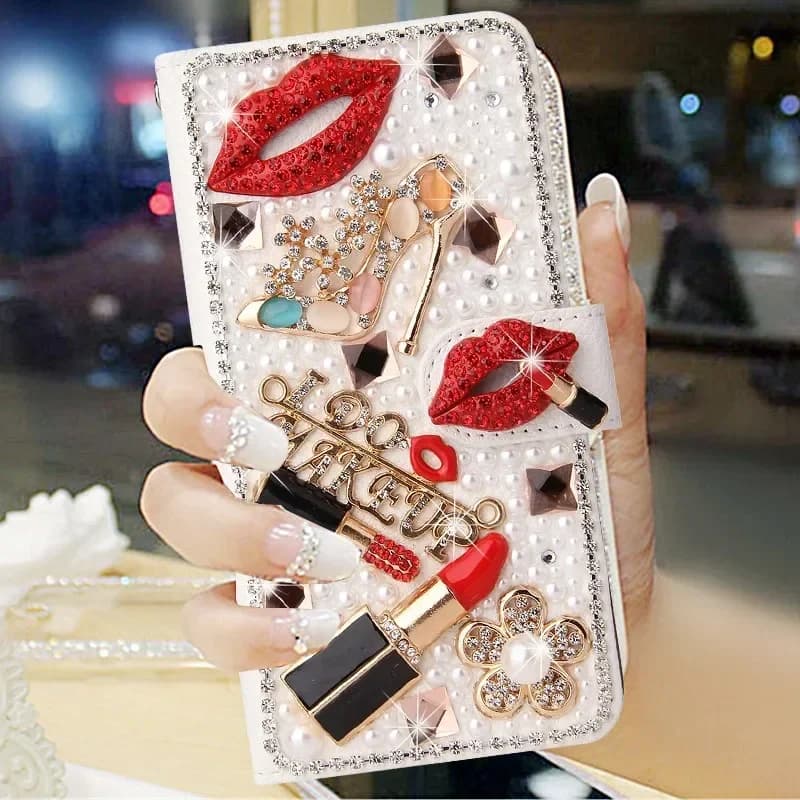 Luxury Crystal Rhinestone Wallet Leather Diamond Phone Case For iPhone14 15 12 13Pro Max 16 plus Pearl Flower Lipstick Cover