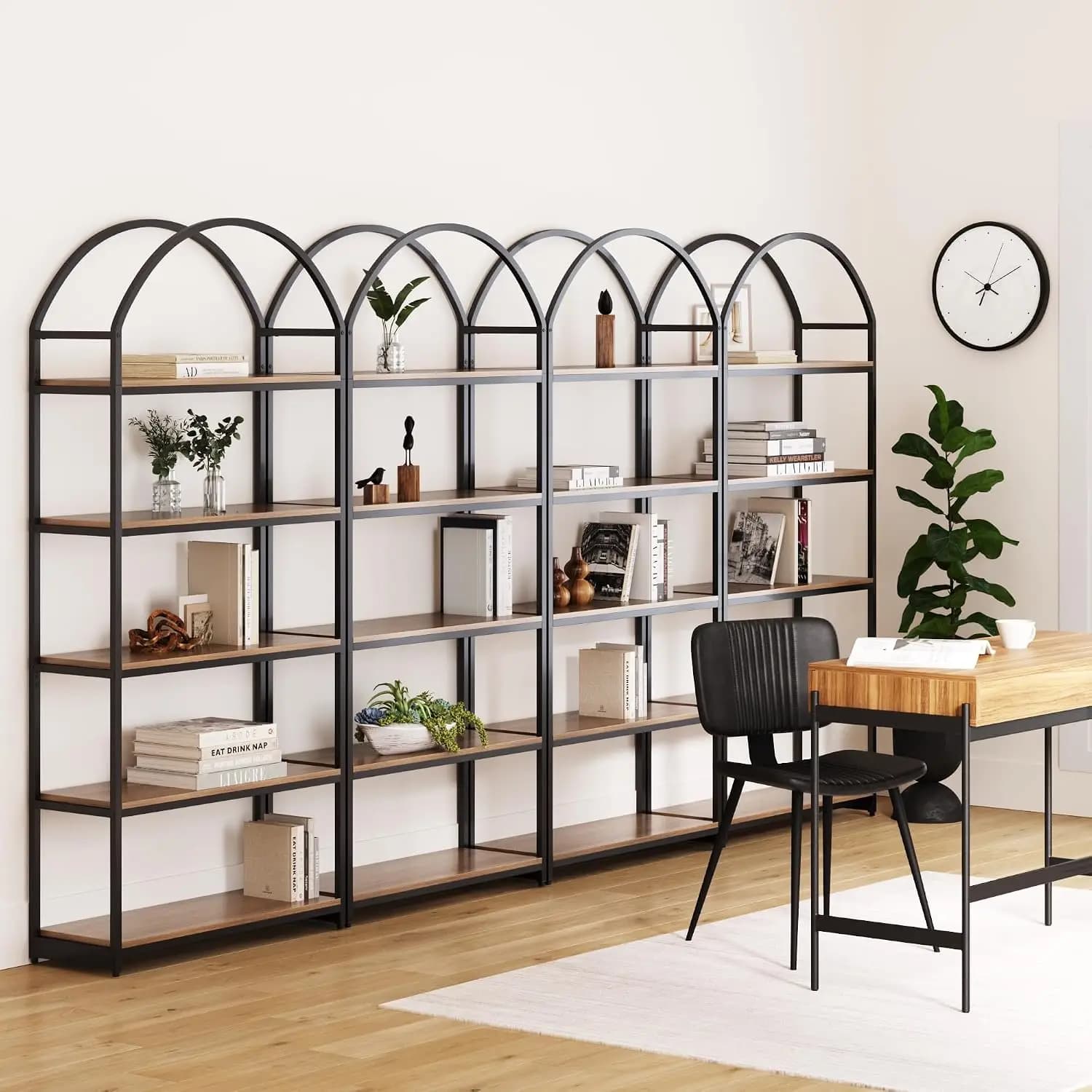 Nathan James Haven Etagere Bookshelf, 5-Shelf Bookcase in Oak Wood and Black Metal Frame with Arch Top and Open Shelves, Oak/Bla