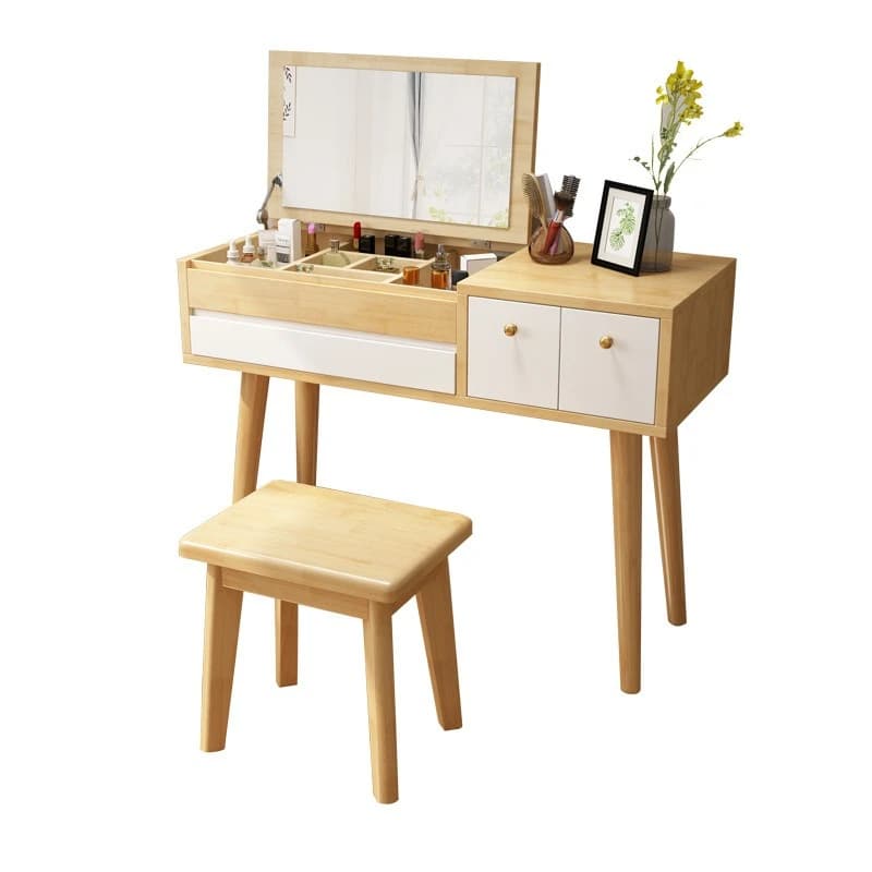 Nordic solid wood dresser flip type with mirror, modern simple small apartment bedroom Internet celebrity style makeup table