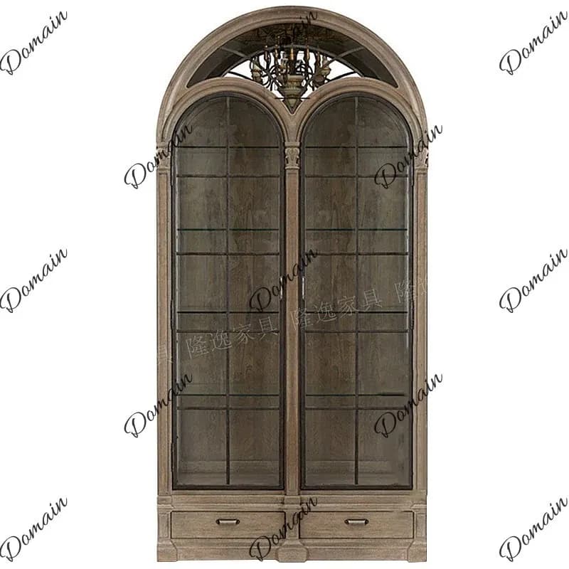 French Luxury Wine Cabinet Arched Solid Wood Sideboard Retro Display Cabinet for Living Room Small Space Tall Storage