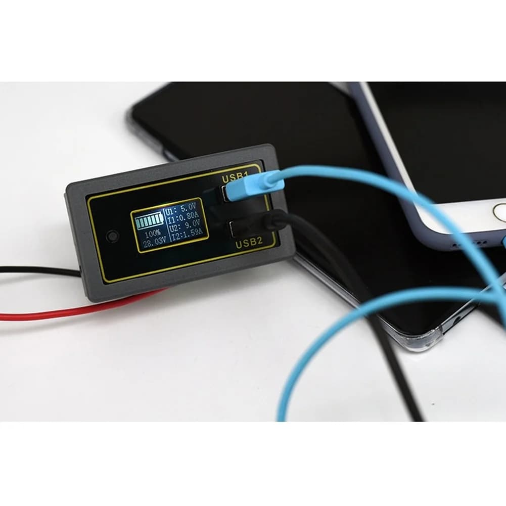 Car Battery Voltage Meter with Dual USB Fast for charger LCD Display and Safety Protection for 12V 24V Battery Types