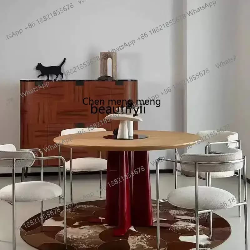 A182 C Light luxury round dining table minimalist creative dining table antique red solid wood dining table