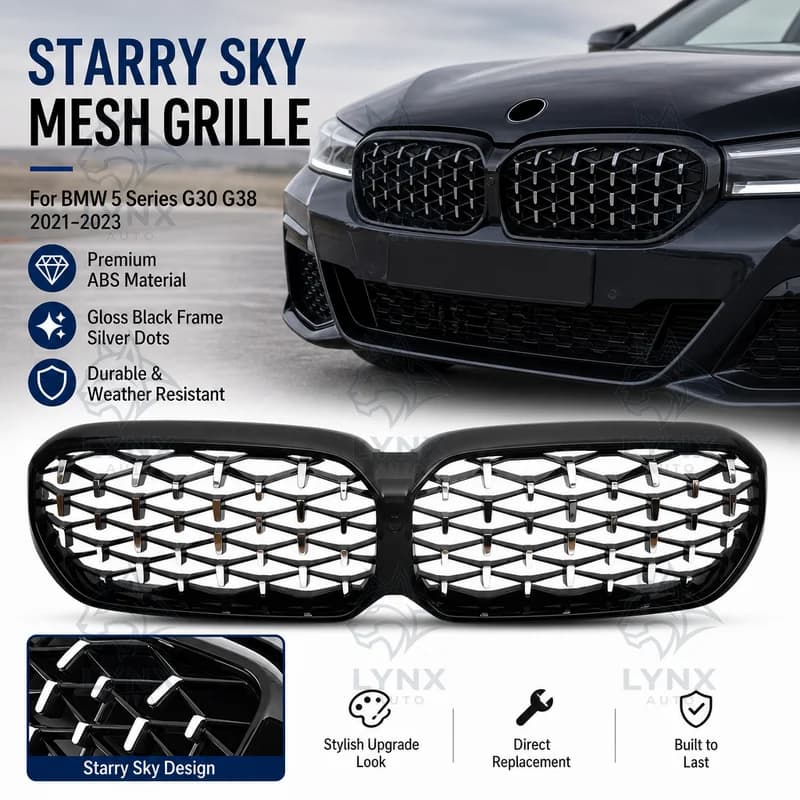 For BMW 5 Series G30 G38 2021-2023 Starry Sky Mesh Front Bumper Grille Gloss Black Frame Silver Dots Half Silver