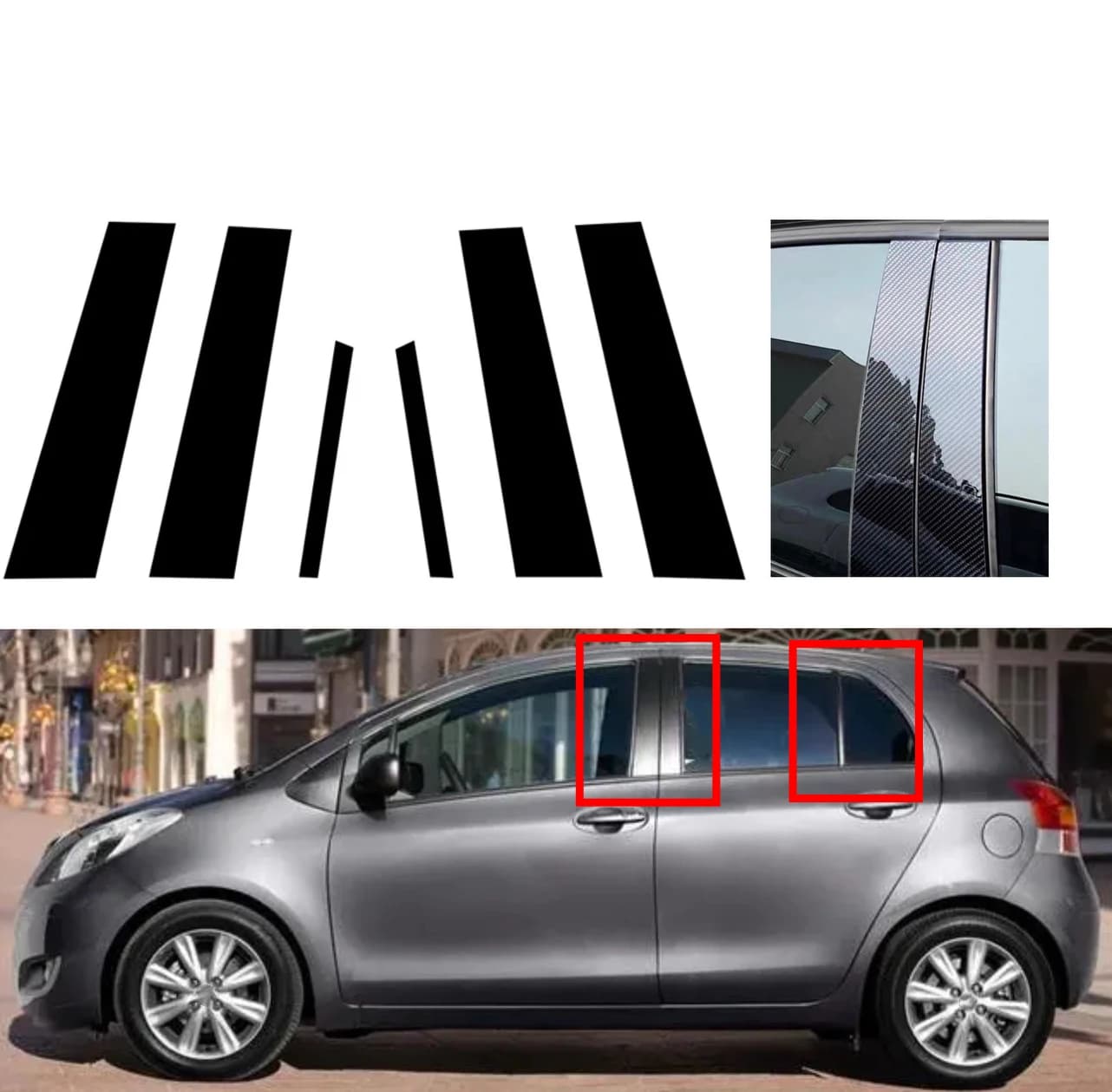Glossy Black Pillar Posts Door Side Window Sticker Fit For Toyota Yaris XP90 5-Door Hatchback 2006 2007-2011     Silver Carbon