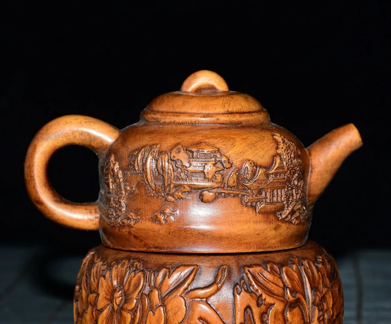3"Old Boxwood carve Landscape patterns Handheld pot teapot kettle Handheld components screen Study Amass wealth Ornaments