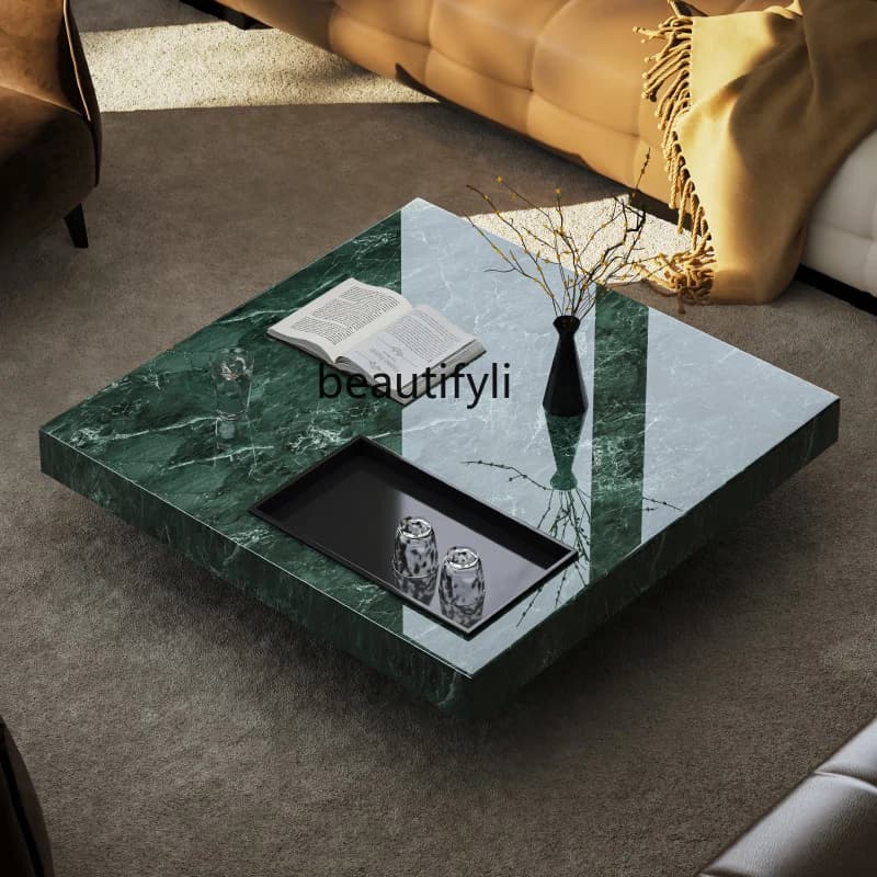 Natural large flower green luxury stone coffee table light luxury living room coffee table marble square coffee table