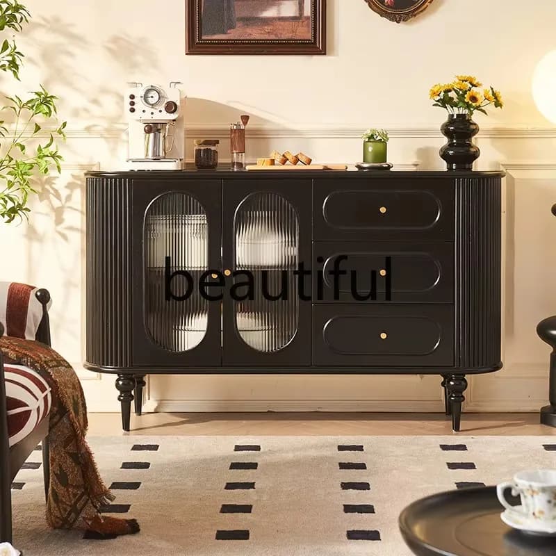 French solid wood dining side cabinet,  retro wind roller shutter integrated tea cabinet, multi-functional storage cabinet