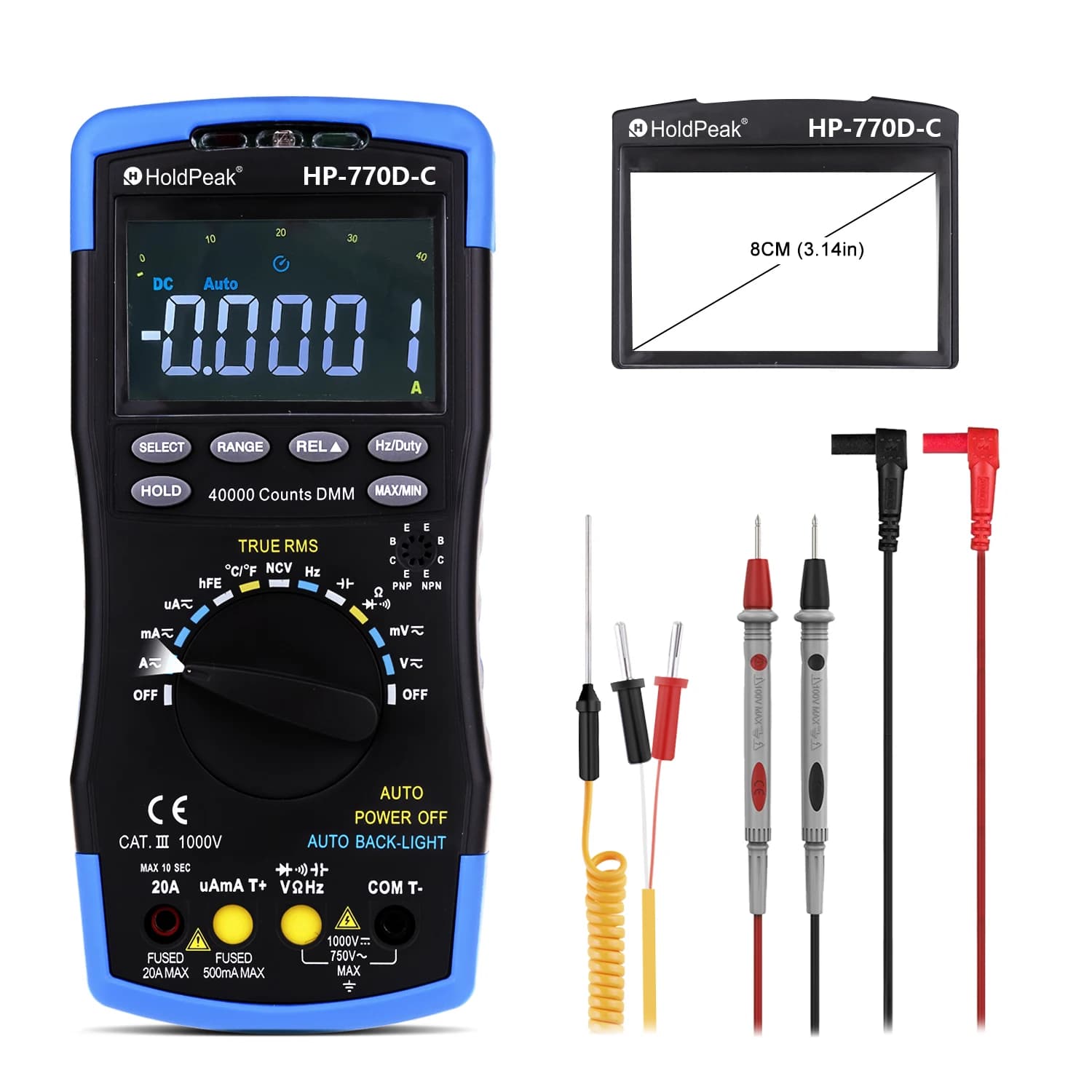 HP-770D-C Digital Multimeter High-Accuracy Auto Range True RMS 40000 Counts Color Screen NCV AC DC Voltage Current Ohm Tester