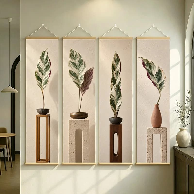 Striped Leaf Wall Art 4-Panel Green Pink Plant Pot Scroll Set on Cream Silver Shimmer Canvas for Chic Dressing Room Decor