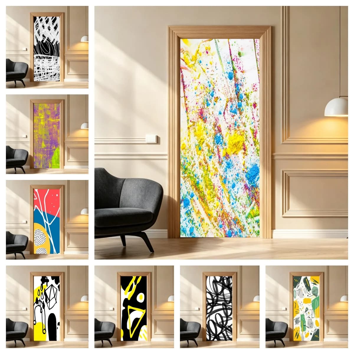 Abstract Geometric Art Door Sticker, Self‑Adhesive Modern Abstract Painting Door Mural Decal Home Renovation Decoration