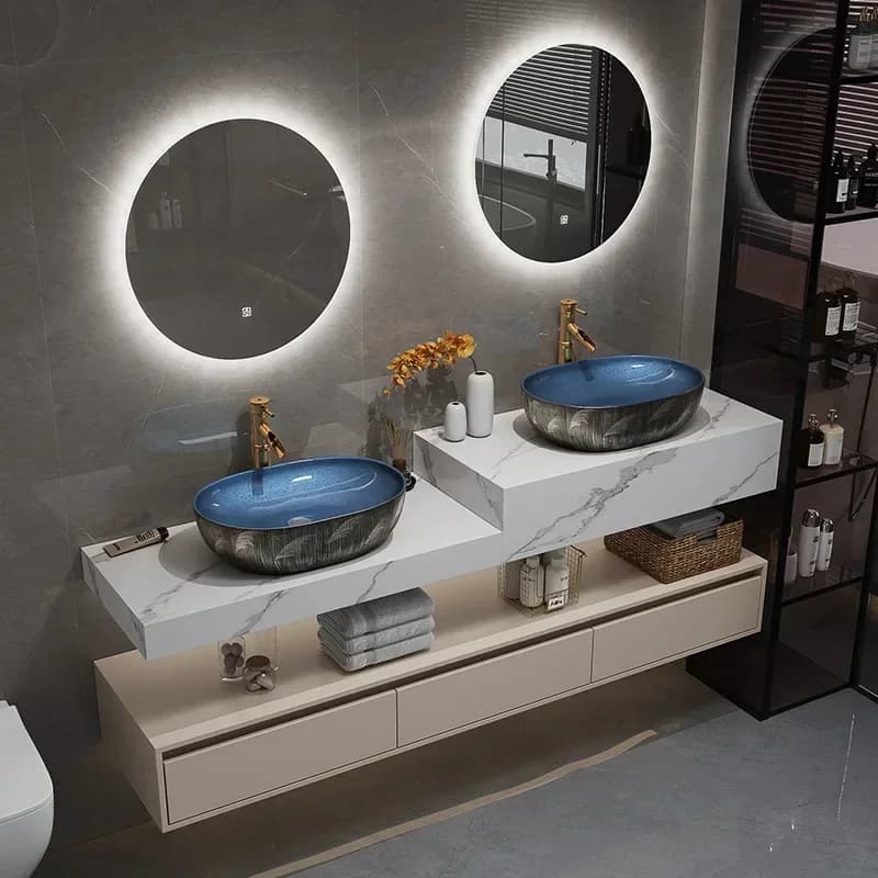 Modern Simple Slate Bathroom Cabinet with Smart Mirror Top Double Washbasin Bathroom Vanity Cabinet with Sink Bathroom Furniture