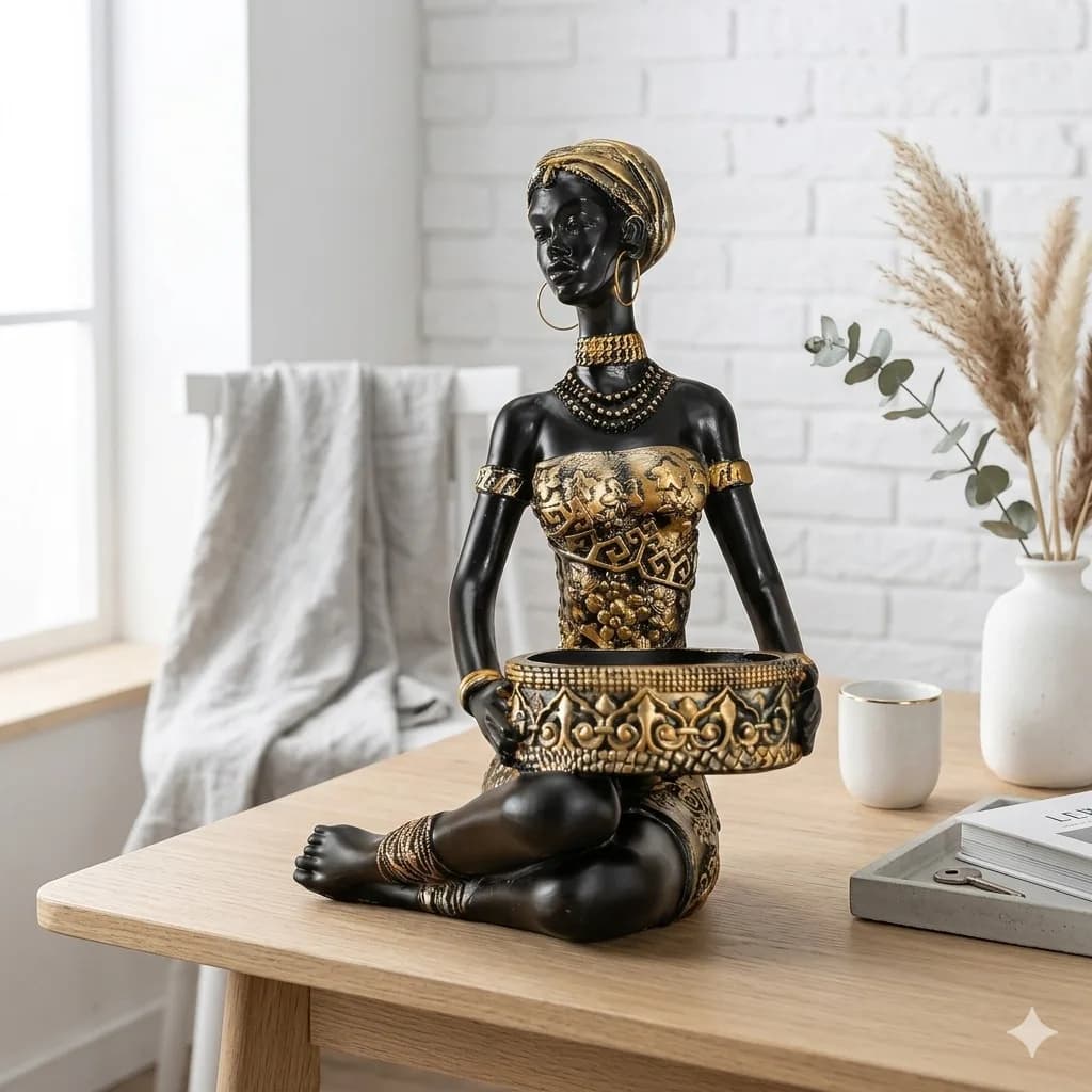Bohemian Style African Woman Carrying Tray Sculpture Vintage Collectible Statue Home Office Storage Ornament Decorative Artwork
