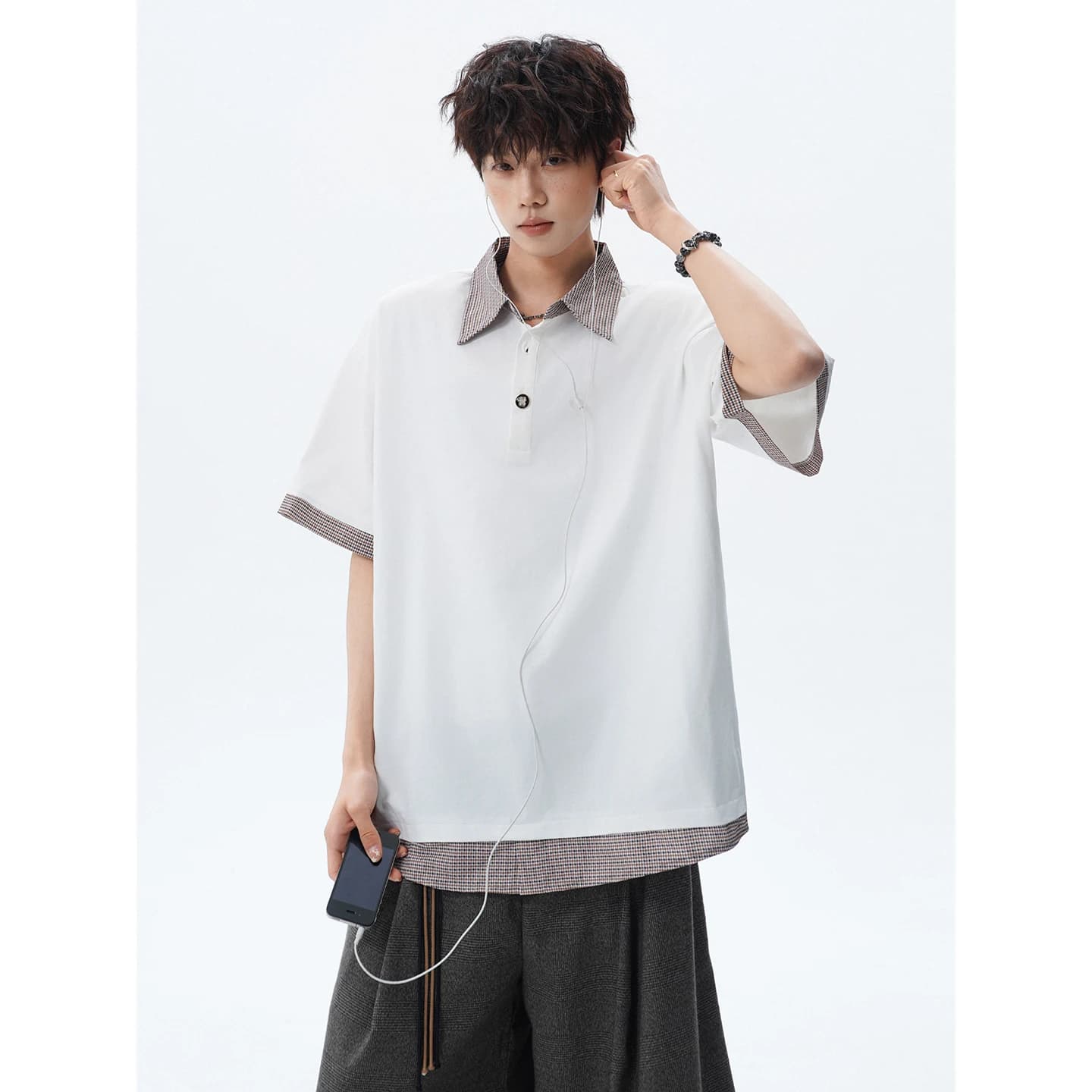 2026 Summer Men's Quick-Drying Plaid Patchwork Long-Sleeved Large Size Silk T-Shirt