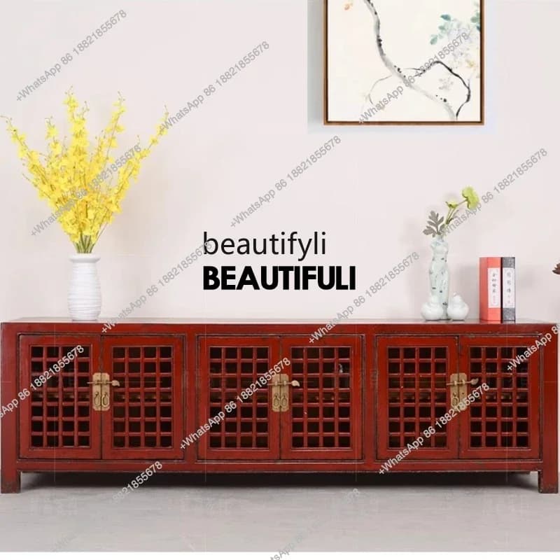 ss8350 Chinese solid wood TV cabinet storage six doors and windows lattice retro old living room handmade TV cabinet decoration