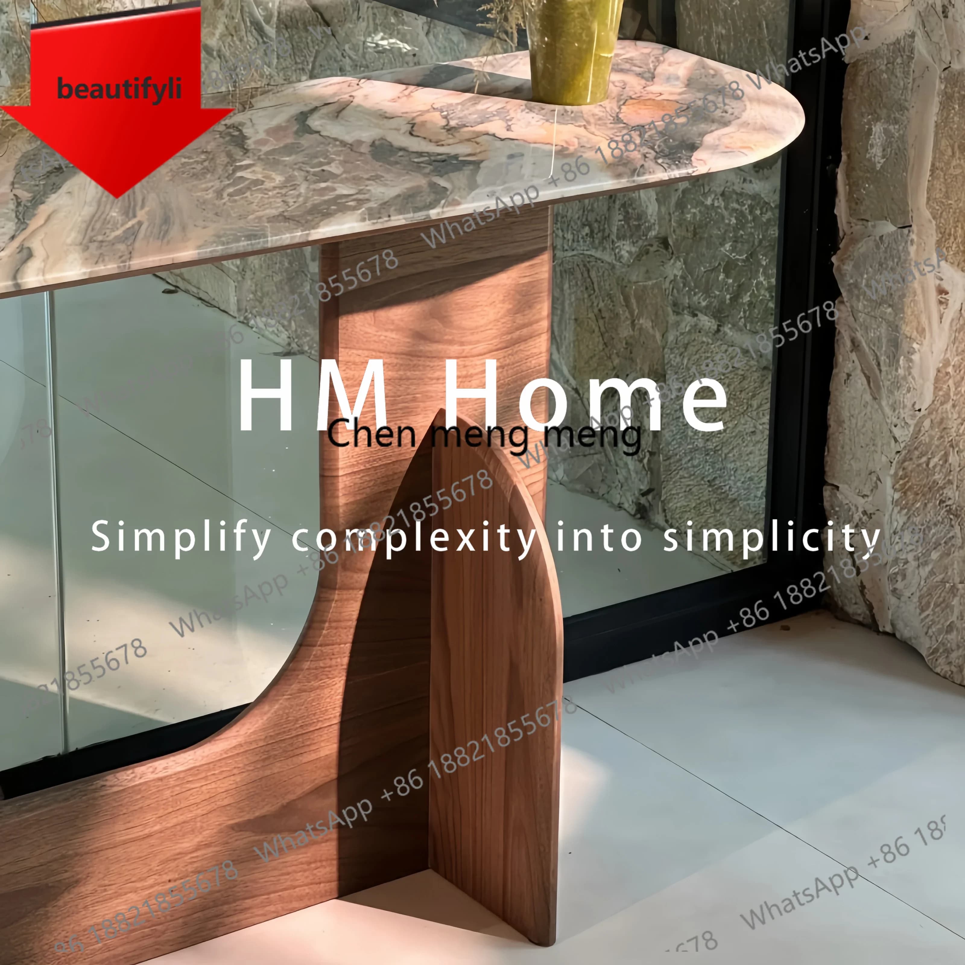 Q181  Medieval solid wood entrance table, retro light luxury natural marble living room entrance table