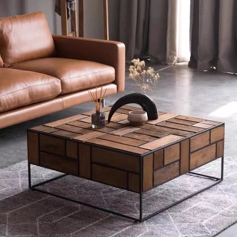 b11-Nordic Solid Wood Metal Coffee Table Living Room Home Small Apartment Teak Luxury Coffee Table Italian Retro Home Furniture