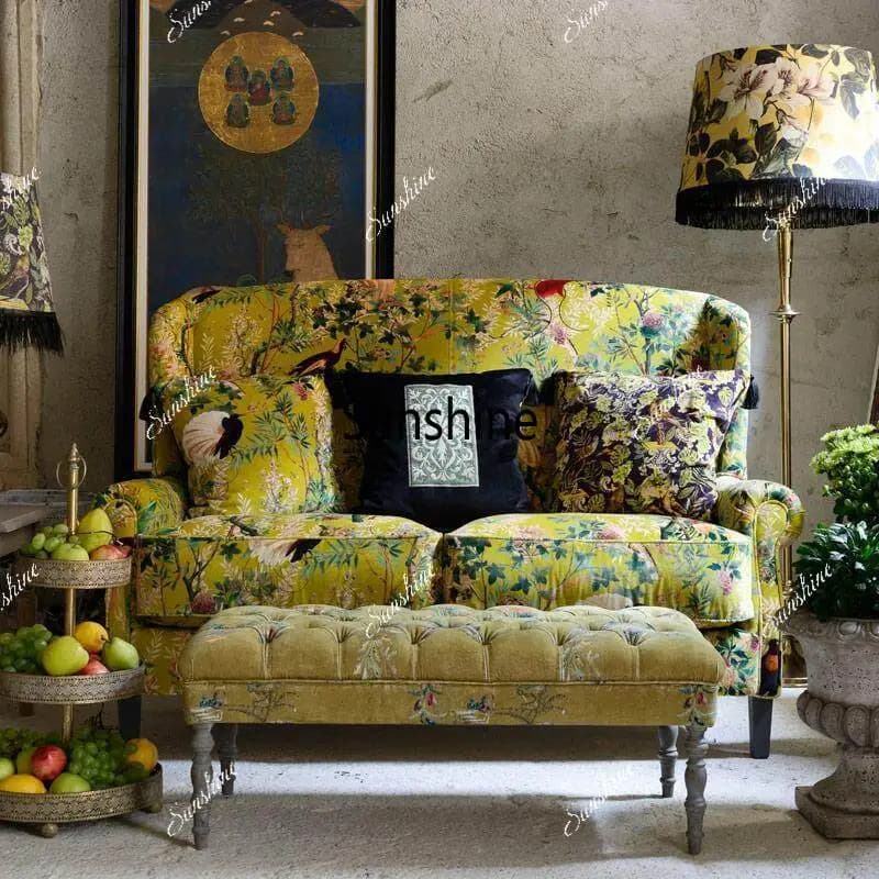 French retro yellow pattern high back chair living room small apartment home