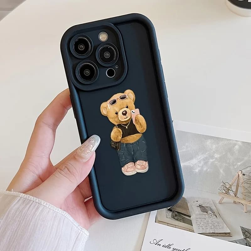 Bear selfie pattern design phone case for iPhone 17 16 15 14 13 12 11 Pro/ Max/Plus shock-proof rear cover anti-fingerprint