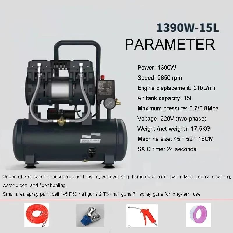 220V 1390W Air Pump Small Air Compressor  Inflation Oil-Free Silence 220V Woodworking Painting Air Flushing High Pressure factor