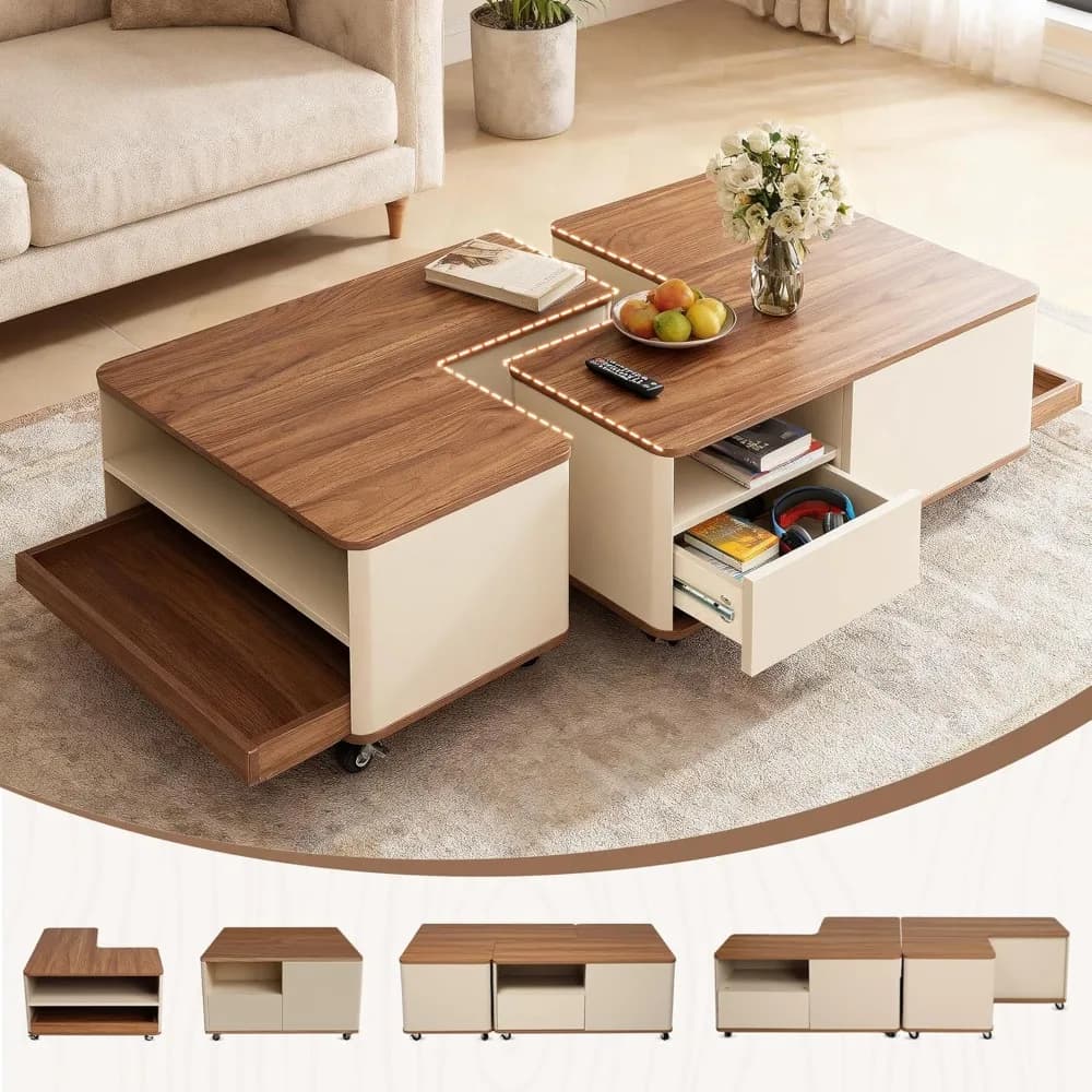 Farmhouse Coffee Tables for Living Room, Unique Coffee Table with Wheels & Storage, Wood Large Convertible Center Table