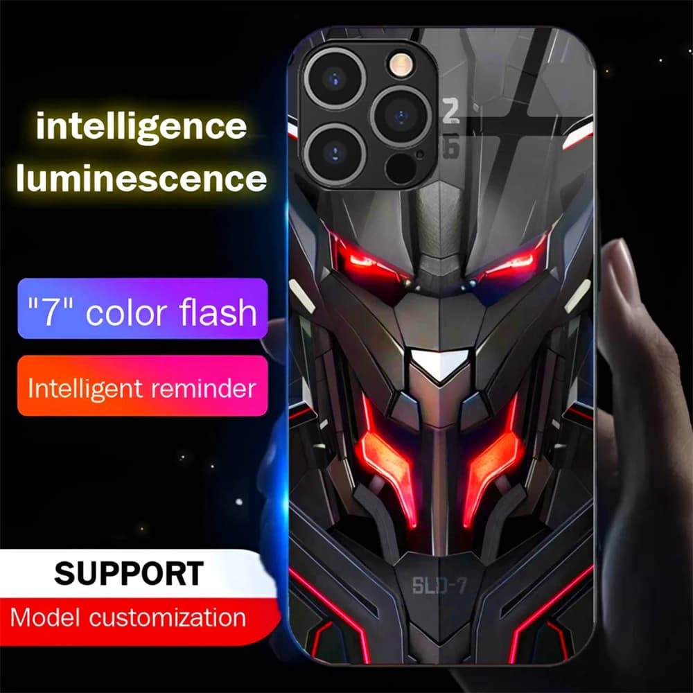 Battle Armor Mech Design Voice Sensing LED Light Up Glowing Luminous Phone Case For iPhone Air 17 16 E 15 14 13 12 Pro Max Plus