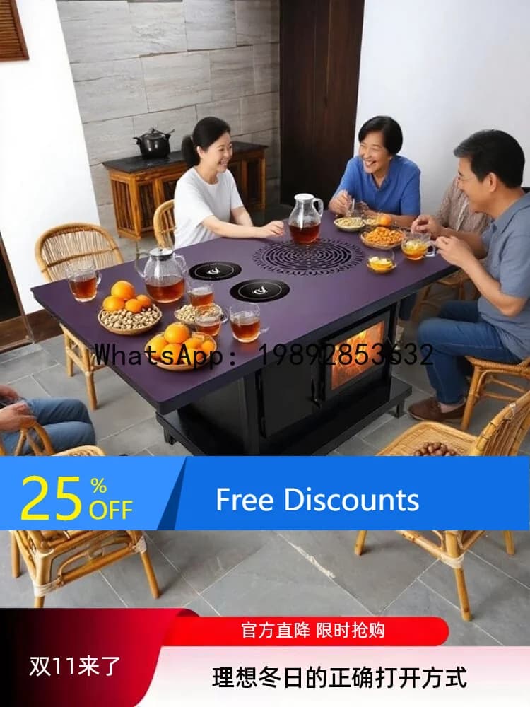 LYY Three-Sided Fire Viewing Real Fire Wood Stove Coffee Table Fireplace Integrated Heating Table Tea Room Living Room