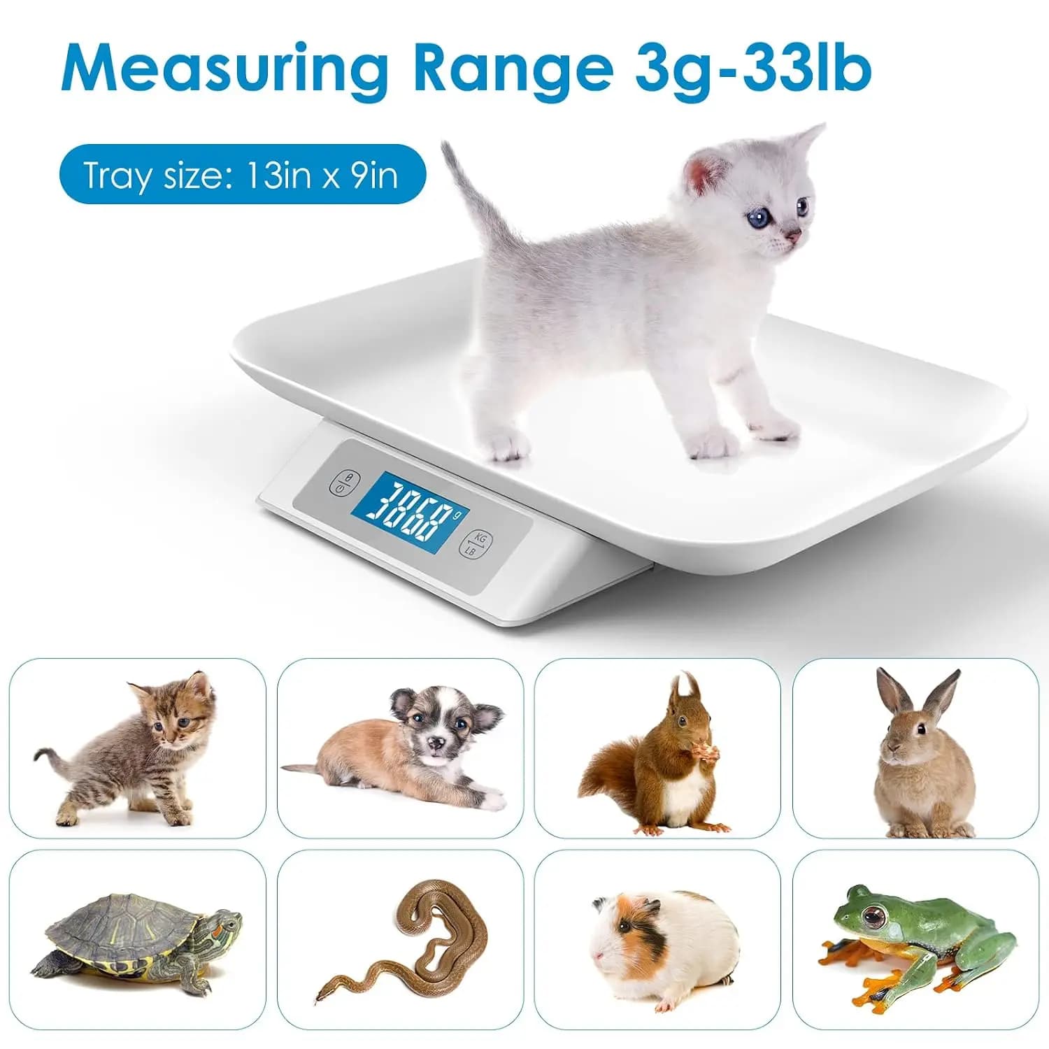 Digital Pet Scale for Small Animals – 0.1 oz–33 lb Range, 1g/0.035 oz Accuracy, g/kg/lb/oz/tl/ml Units