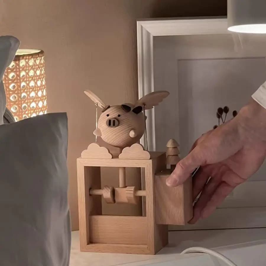 Wooden Electric Mechanical Pig Sculpture Ornament Healing Home Decoration Handicraft Unique Birthday Gift