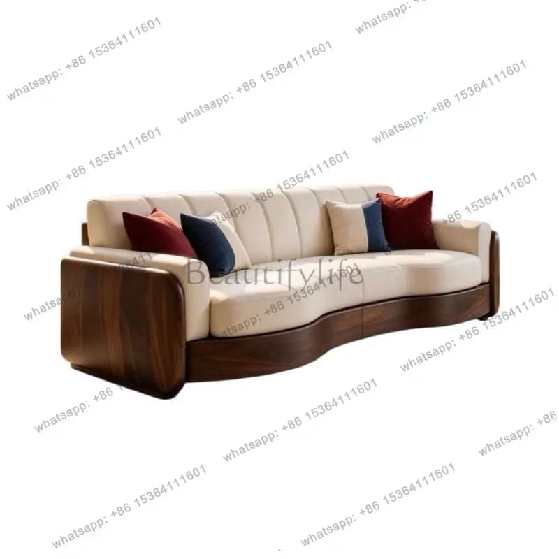 8Modern simple black walnut solid wood sofa three-person beige leather backrest living room furniture advanced sense