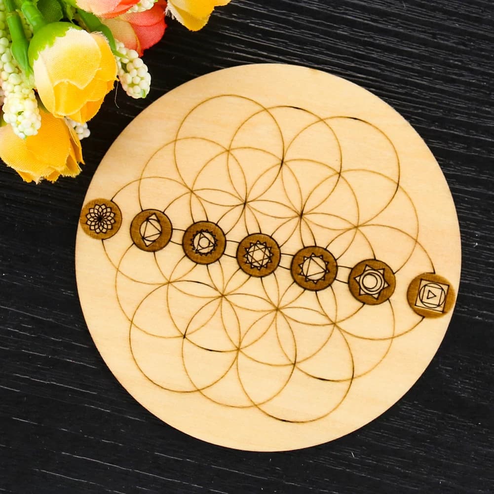 Mandala Pendulum Wooden Board 7 Chakra Energy Stone Crystal Display Base Coaster Reiki Healing Meditation Plate Craft 10cm