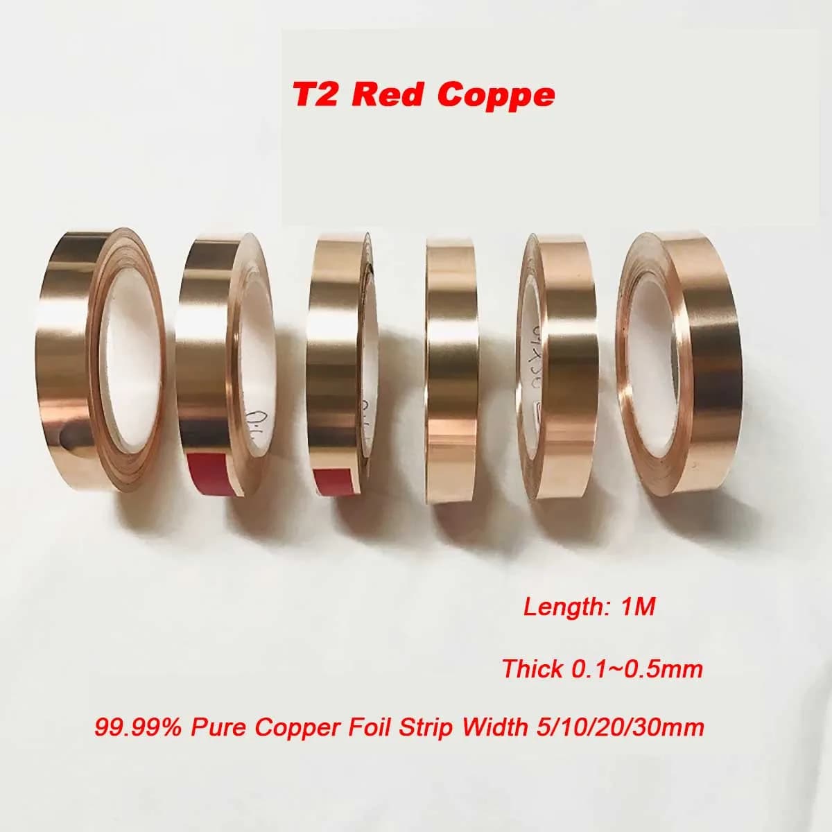 1M 99.99% Pure Copper Foil Strip Width 5/10/20/30mm / T2 Red Copper Narrow Strip Foil Roll Thick 0.1~0.5mm
