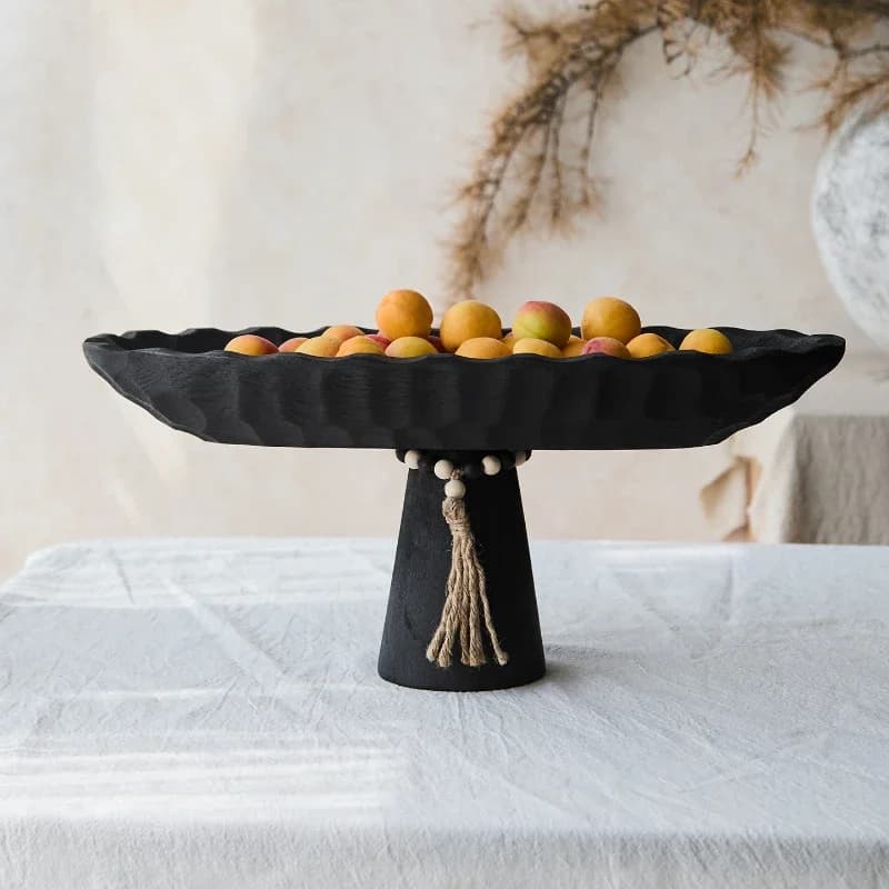 Wood Fruit Bowl, Decorative Black Bowl with Natural Finish Pedestal Use As Centerpiece for Kitchen Counter or Dining Table
