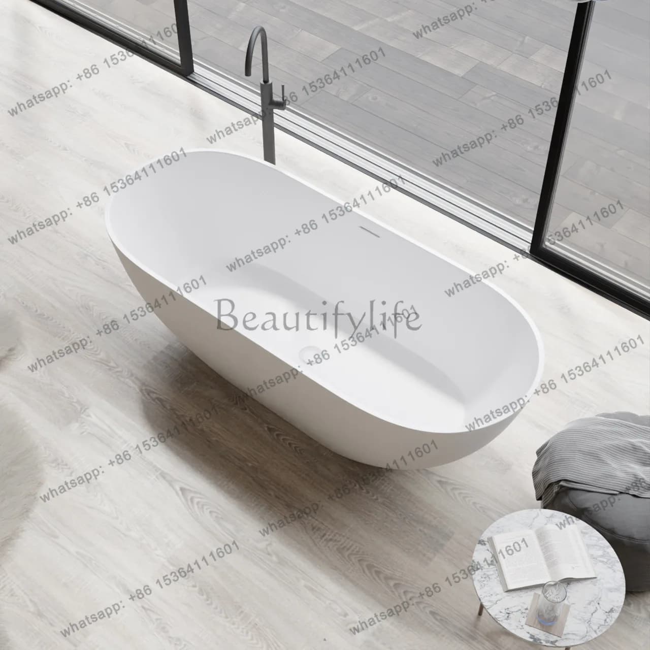 Polymer artificial stone oval bathtub, independent integrated Qimei stone household bathtub
