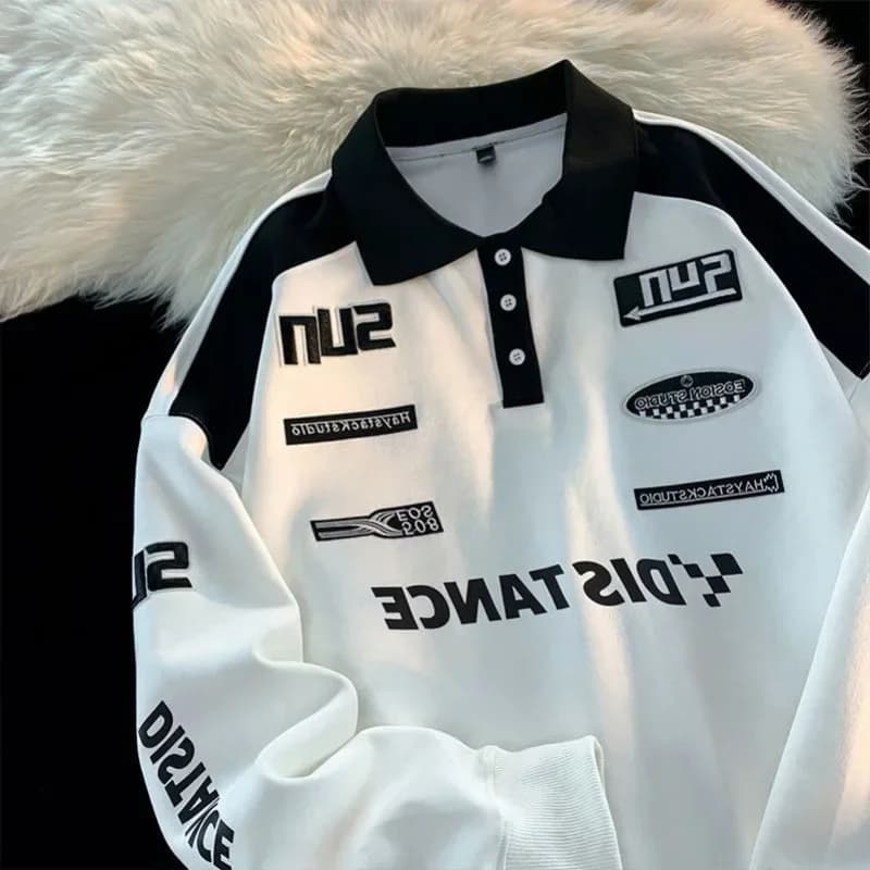 Hot Spring Autumn New Polo Shirt Korean Vintage Sweatshirt Men's Trendy Brand Long Sleeve Lapel Racing Shirt Crossbody Top