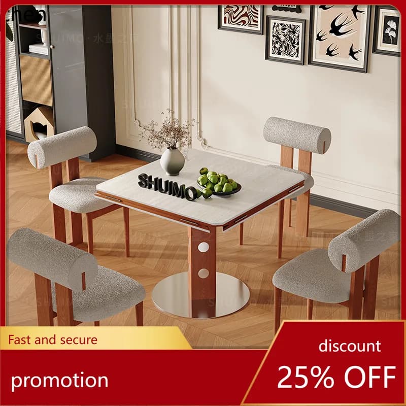 HXL Travertine Stone Plate Telescopic Dining Table Solid Wood Folding Square Round Dual-use Dining Table