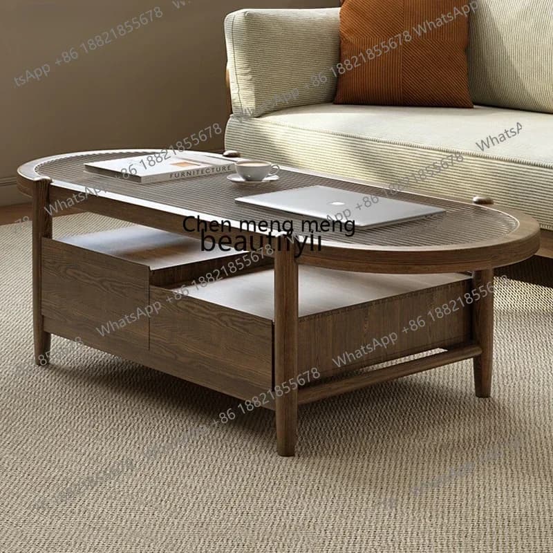New Arrivals Nordic Ash Wood Tea Table Walnut Color Japanese Style Storage Living Room Changhong Glass Tea Table S8350