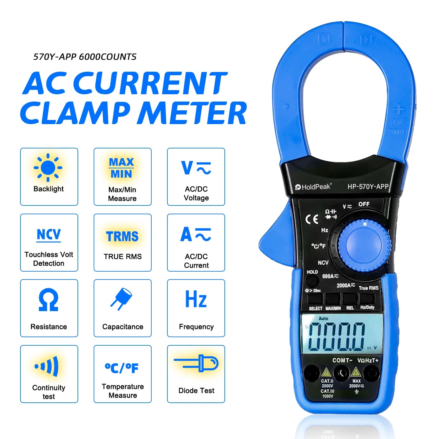 570Y-APP 6000 Counts True-RMS Auto Range Intelligent Digital AC/DC Clamp Multimeter with APP Data Logger for Electrician