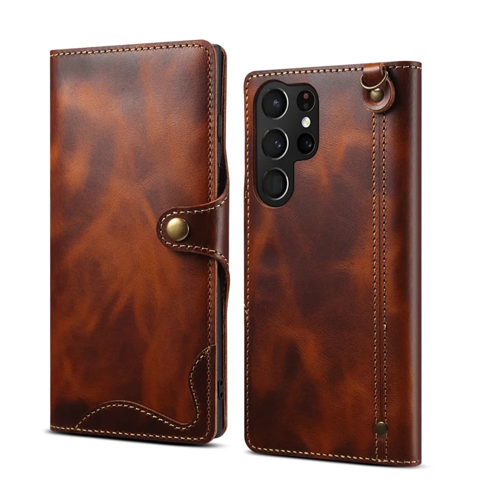 Denior Luxury Oil Wax Genuine Leather Case for Galaxy S25 Ultra S8 S9 S10 S20 S21 S22 Plus S23 S24 FE S25 Edge Sim Wallet Case