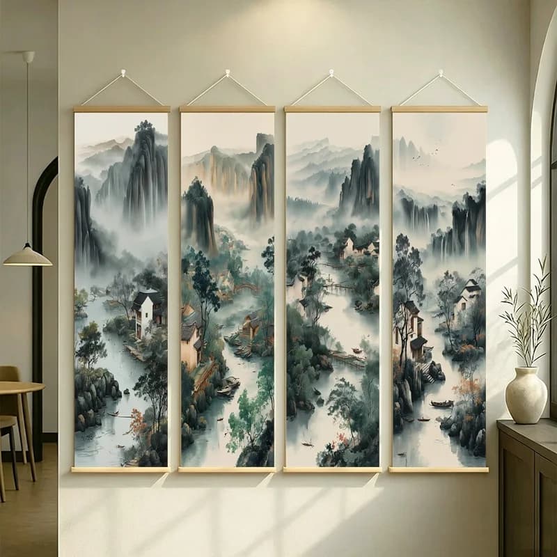 Misty Mountain River Wall Scroll Chinese Ink Wash Landscape Art on Pearlescent Canvas with Wooden Rods for Zen Home Decor