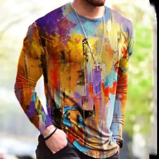 Men's Vintage Tie dye Long Sleeve T-shirts Camouflage Print Oversize Tops Casual Crew Neck Shirts Jesus 3D Printed Tops