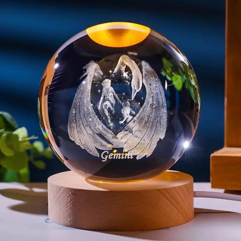 6.8cmTwelve Constellations crystal ball, wooden LED base, birthday gift, astronomy enthusiasts, desktop decoration glow